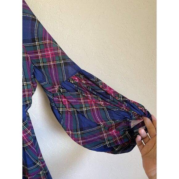 New! CATO Size Xl Blue Pink Berry Plaid Ruffle Neck Tie Waist Sheer Long Sleeve - Picture 6 of 8